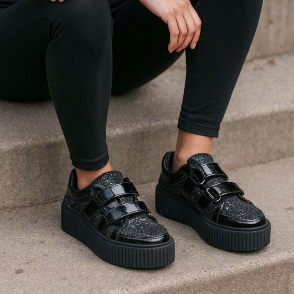 TUK Black Gllitter Platform Creeper Loafer Shoes  Women's Size 7